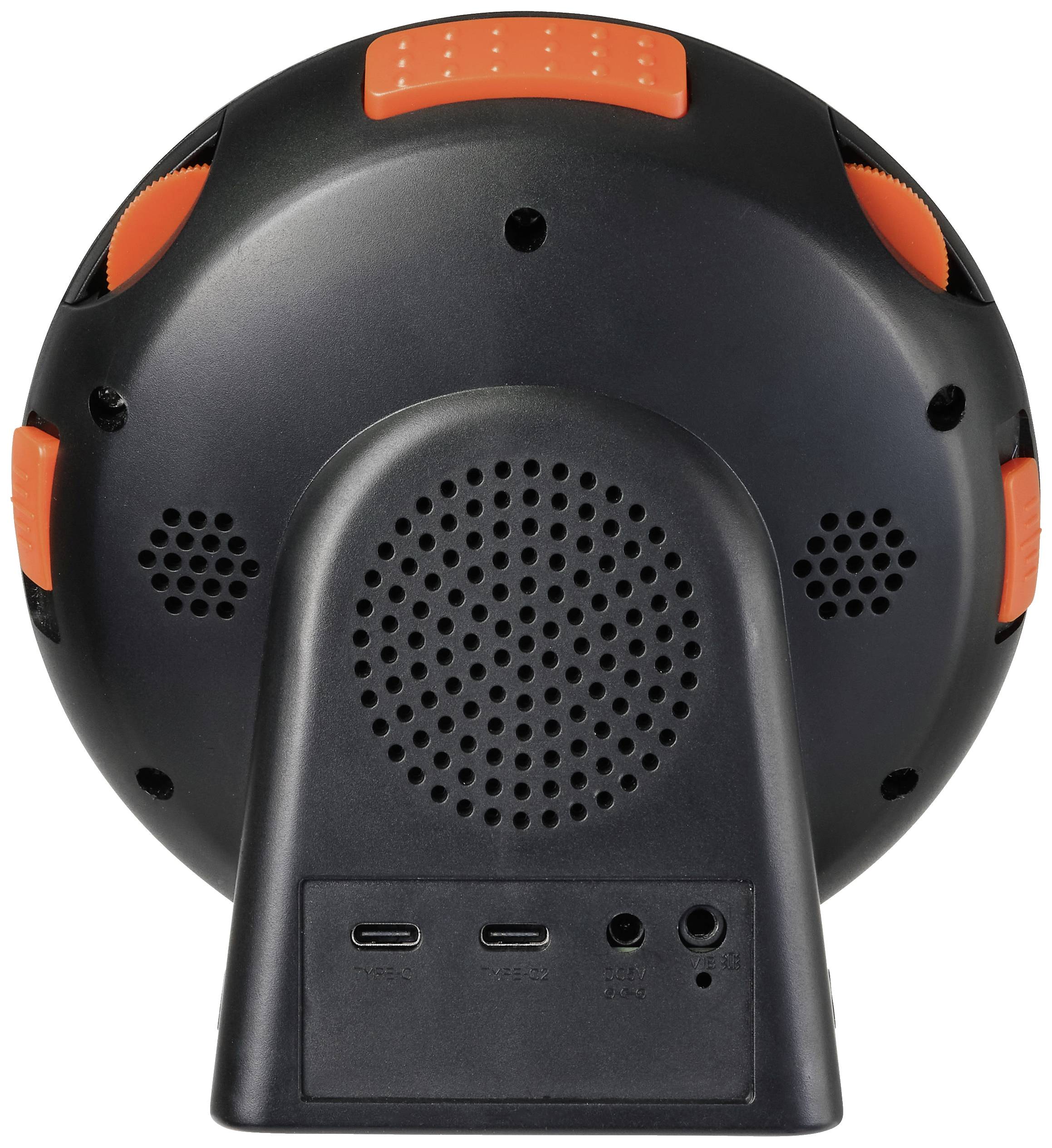 Egy kerek, fekete eszköz hátulnézete narancssárga elemekkel. Hangszórórács és csatlakozók láthatók.