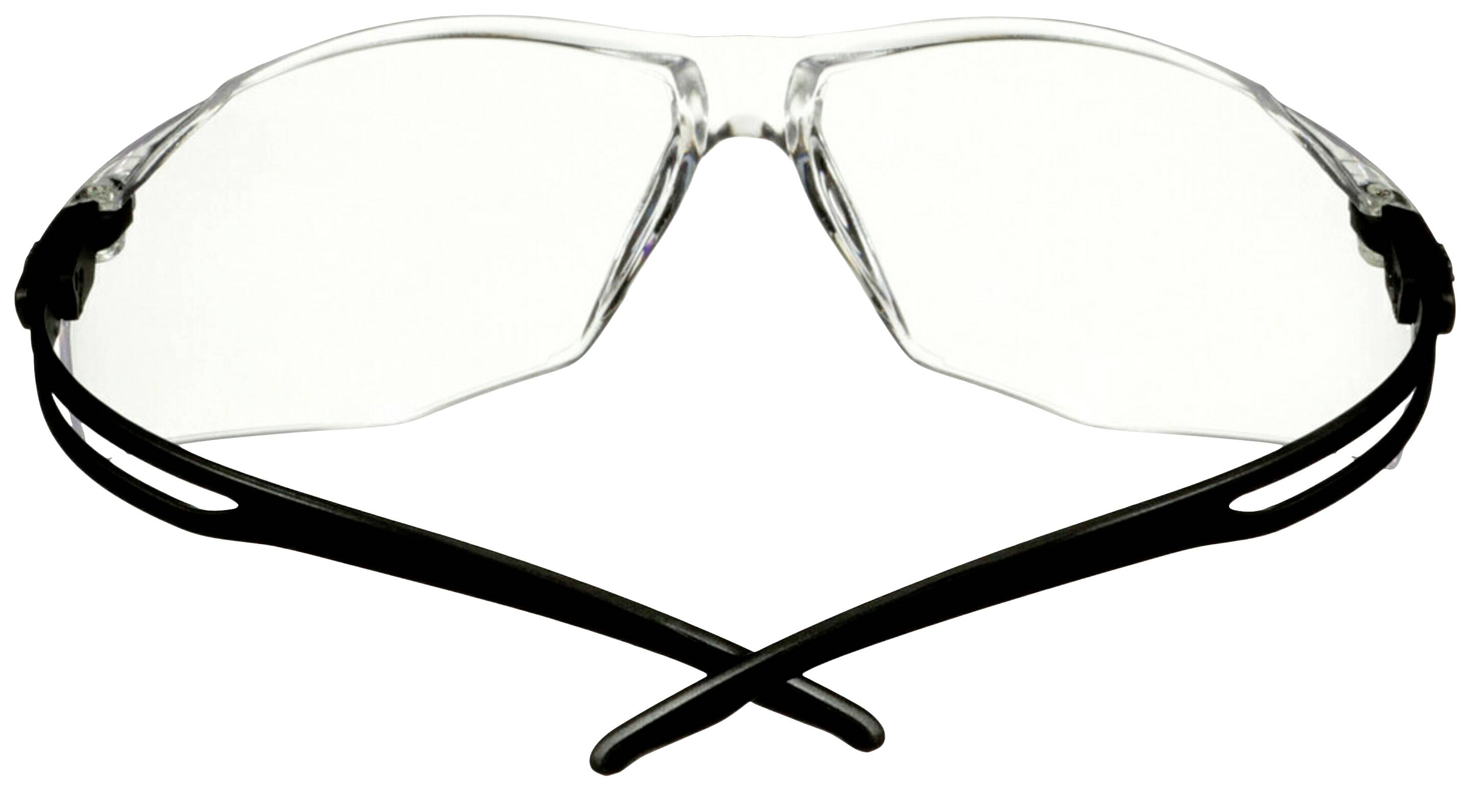 Egy átlátszó lencsés, fekete szárú védőszemüveg, amelyet elölről láthatunk. Tökéletes kézműves tevékenységekhez.