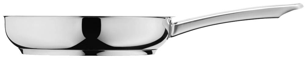 Hosszú nyéllel rendelkező, nemesacél ezüstös serpenyő, oldalnézetben. Kiváló sütéshez és főzéshez.