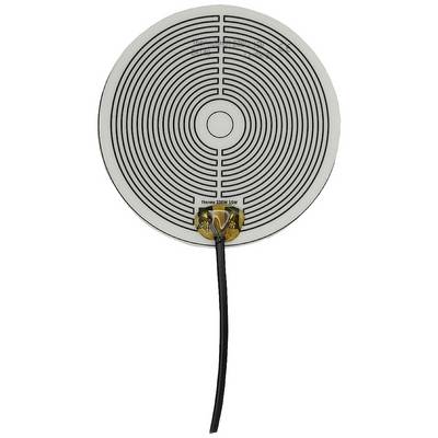 Kerek, lapos fűtőellenállás spirális mintázattal és két csatlakoztatott kábellel az elektromos összeköttetéshez.