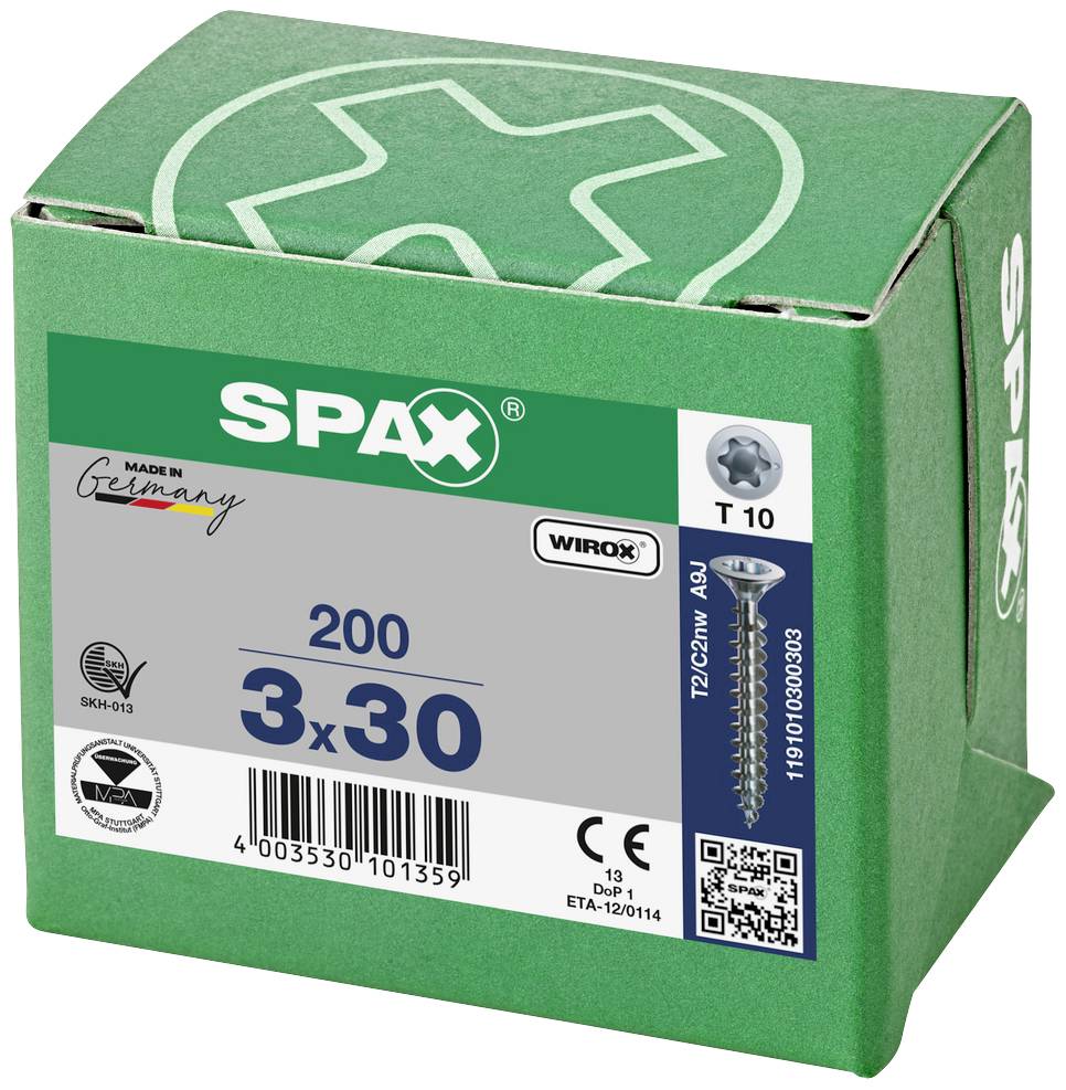Egy zöld doboz ezüst SPAX-címkével, tartalmaz 200 db csavart, méret 3x30 mm. Gyártva Németországban.