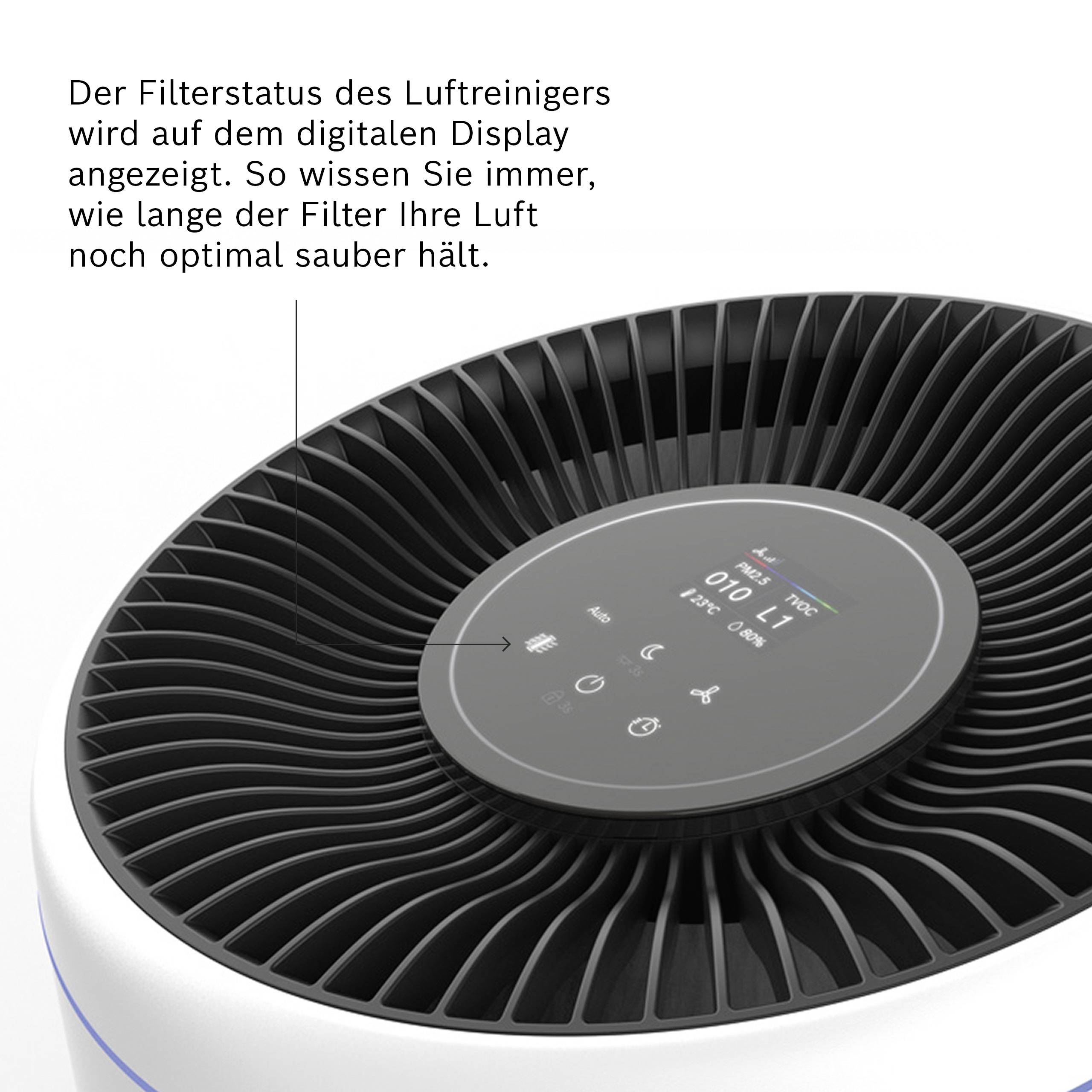 A légtisztító egy digitális kijelzőn mutatja a szűrő állapotát, a levegő minőségét és az optimális légszűréshez tartozó üzemmódot.