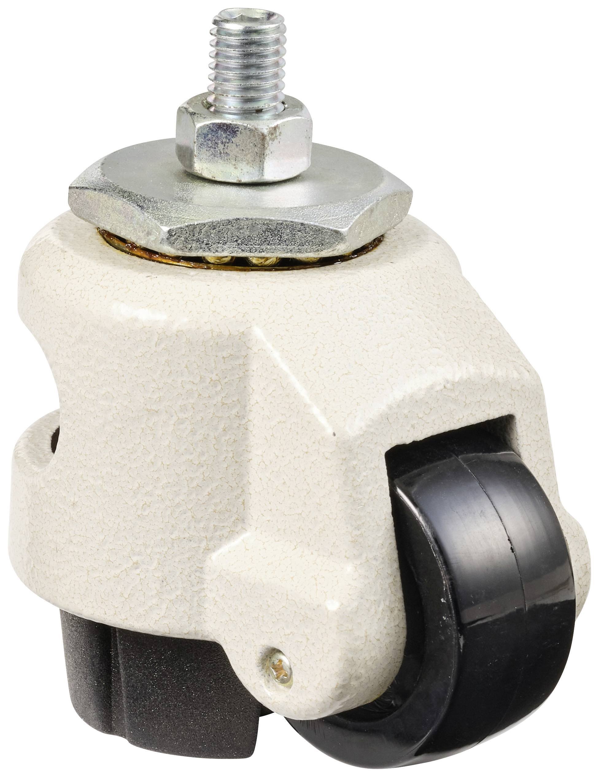 Rögzítőelemmel ellátott görgő. Bézs színű műanyag ház, fekete kerék. Alkalmas bútorokhoz vagy szállítókocsikhoz.