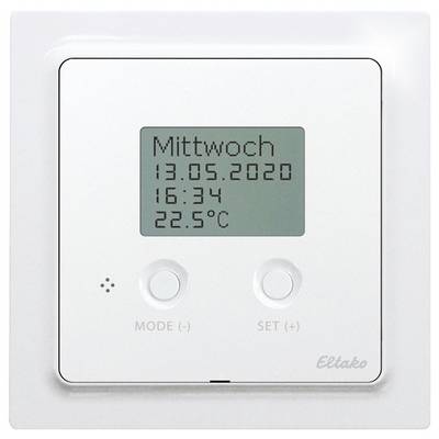 Digitális fali termosztát kijelzi: 'Szerda, 2020.05.13.', idő '16:34', hőmérséklet '22.5°C'. Két kezelőgomb: Mód és Beállítás.