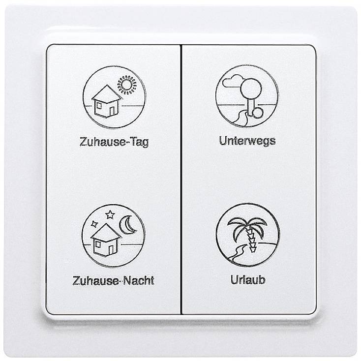 Négyállású kapcsoló négy szimbólummal: 'Otthon-nappal', 'Úton', 'Otthon-éjszaka', 'Szabadság'. Különböző világítási módokat mutat.