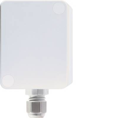Egy fehér, téglalap alakú elektronikai ház, alján kábelbemeneti csavarral, valószínűleg kültéri telepítésre szánva.