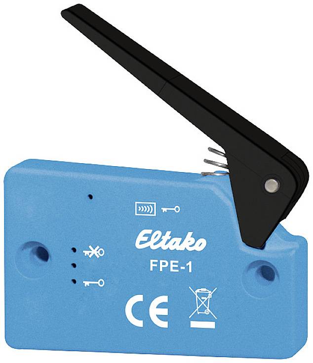 Egy kék áramköri leválasztó fekete karral, 'Eltako' márka és 'FPE-1' modell, CE-jelöléssel.