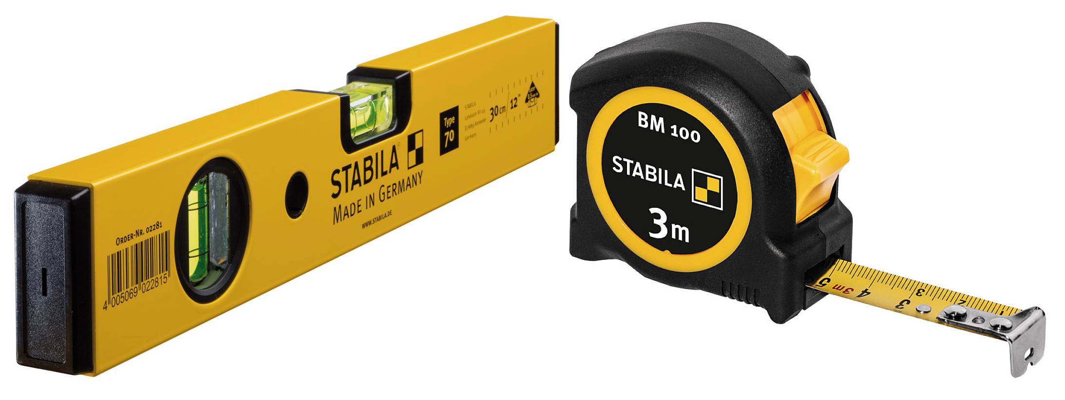 Stabila Wasserwaage Type 70 + Taschenbandmaß BM 100 4064161237060 Könnyűfém vízmérték 30 cm