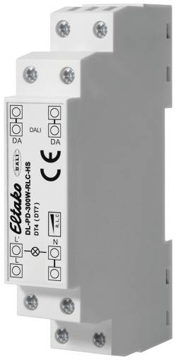 CE-jelöléssel ellátott elektromos DIN-sínre szerelhető LED-meghajtó, fehér házban, többnyelvű csatlakozókapcsokkal.