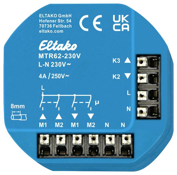 'Eltako MTR62-230V' relé modul három csatlakozóval, 250V-ig terhelhető eszközök vezérlésére. Gyártói információk a felső részén nyomtatva.
