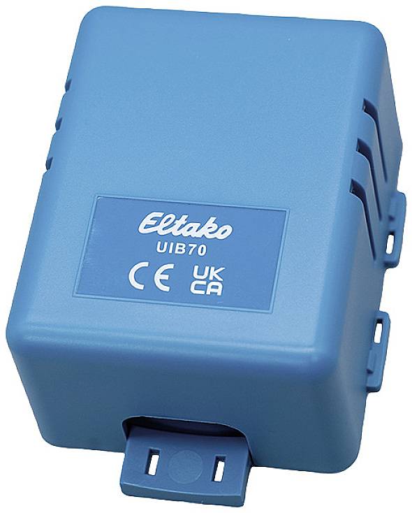 Egy kék Eltako UIB70 típusú kapcsoló CE- és UKCA-jelölésekkel, amely alkalmas szabványos elektromos telepítésekhez.