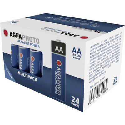 'AGFAPHOTO ALKÁLI POWER' Akkumulátorcsomag négy darab AA elemmel,Multicsomagolás, 24 darabos kiszerelés. Kék elemek fehér dobozban.