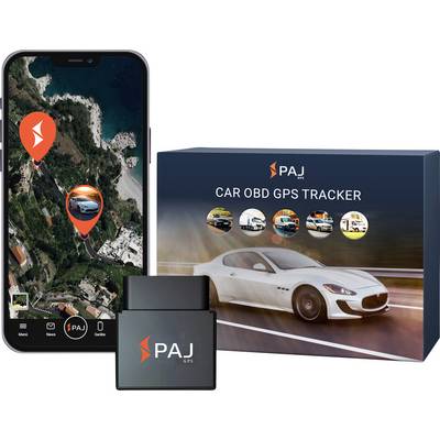 PAJ autó OBD GPS nyomkövető csomag okostelefonos térképnyomkövetéssel és fehér autót ábrázoló termékkészlettel.