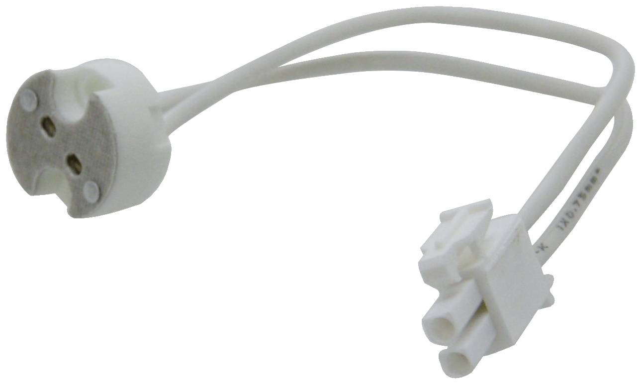 Egy fehér GU10-foglalatadapter két kábellel és egy műanyag csatlakozóval, amelynek célja a GU10-es fényforrások elektromos áramforrásokhoz történő csatlakoztatása.