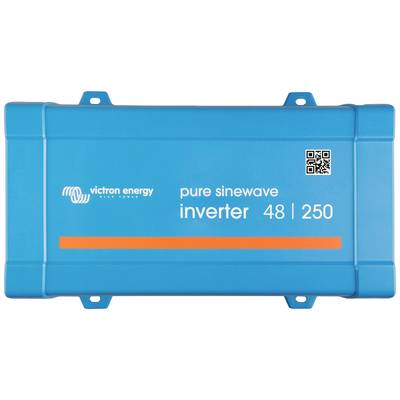 Kék 'victron energy' inverter, 'pure sinewave inverter 48/250' modell, QR-kóddal.