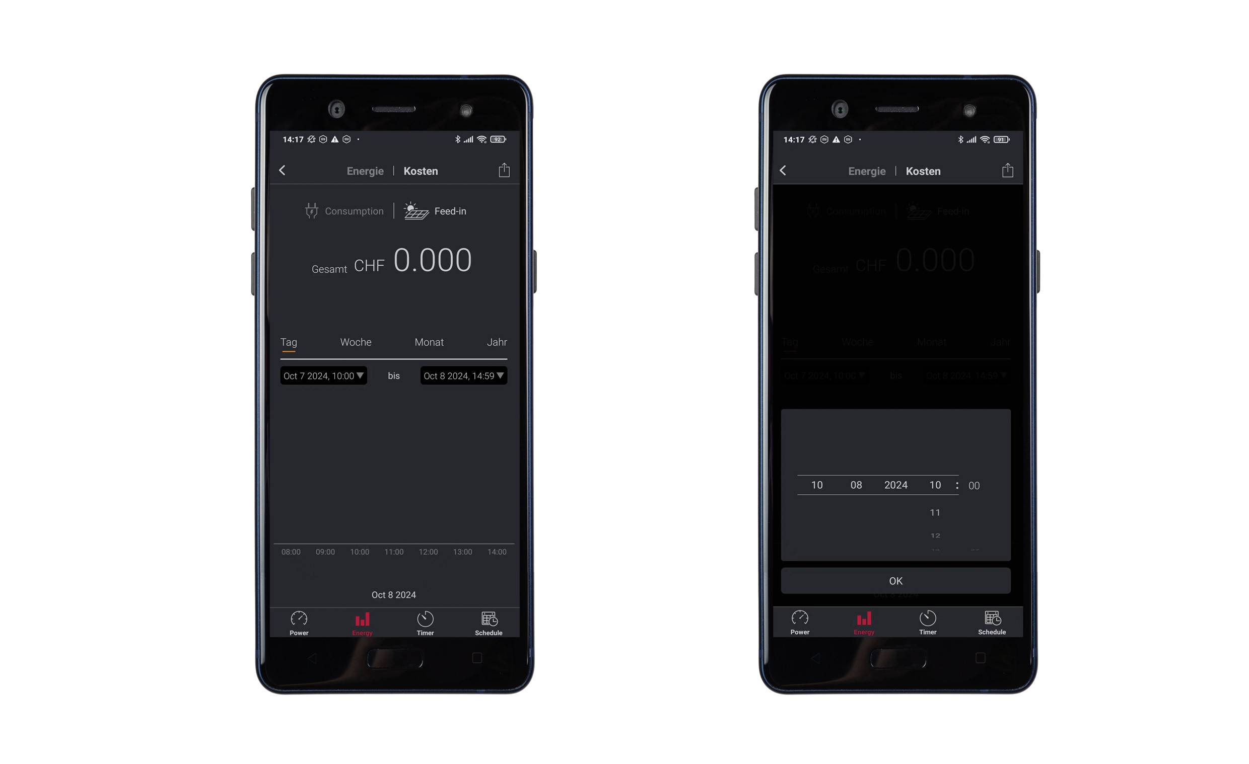 Két mobiltelefon-képernyő egy energia-költség alkalmazást mutat. Az első képernyő 0,000 CHF-et jelez az aktuális időszakra. A második képernyő sötétebb és nehezen olvasható.
