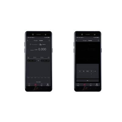 Két mobiltelefon-képernyő egy energia-költség alkalmazást mutat. Az első képernyő 0,000 CHF-et jelez az aktuális időszakra. A második képernyő sötétebb és nehezen olvasható.