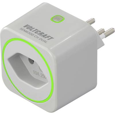 Egy szürke "Voltcraft SEM5000 CH DUAL" intelligens dugalj zöld LED-kijelzővel és hárompólusú csatlakozóval konnektorokhoz, 10A kapacitással.
