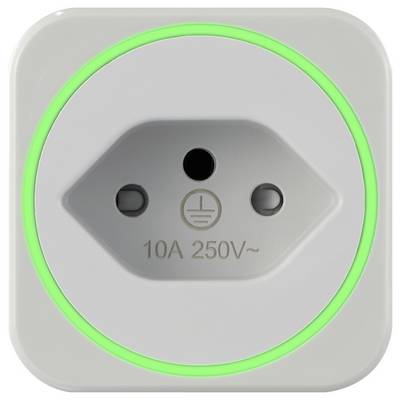 Fehér konnektor kerek, zöld fénnyel körülvett szegéllyel. Két lyuk és egy földelési jel a közepén, '10A 250V~' felirattal ellátva.