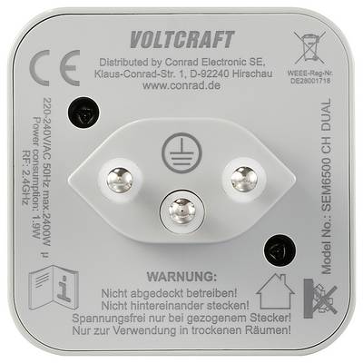 A Voltcraft dugó hátoldalán lévő biztonsági figyelmeztetés: 'Ne dugja egymás mögé! Feszültséghiány áll fenn kihúzott dugó esetén!'.