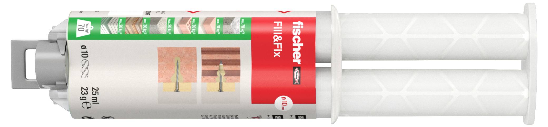 Kétkollektás adagoló, amelynek címkéjén a 'fischer Fill & Fix' felirat olvasható. Alkalmas anyagok feltöltésére és rögzítésére.