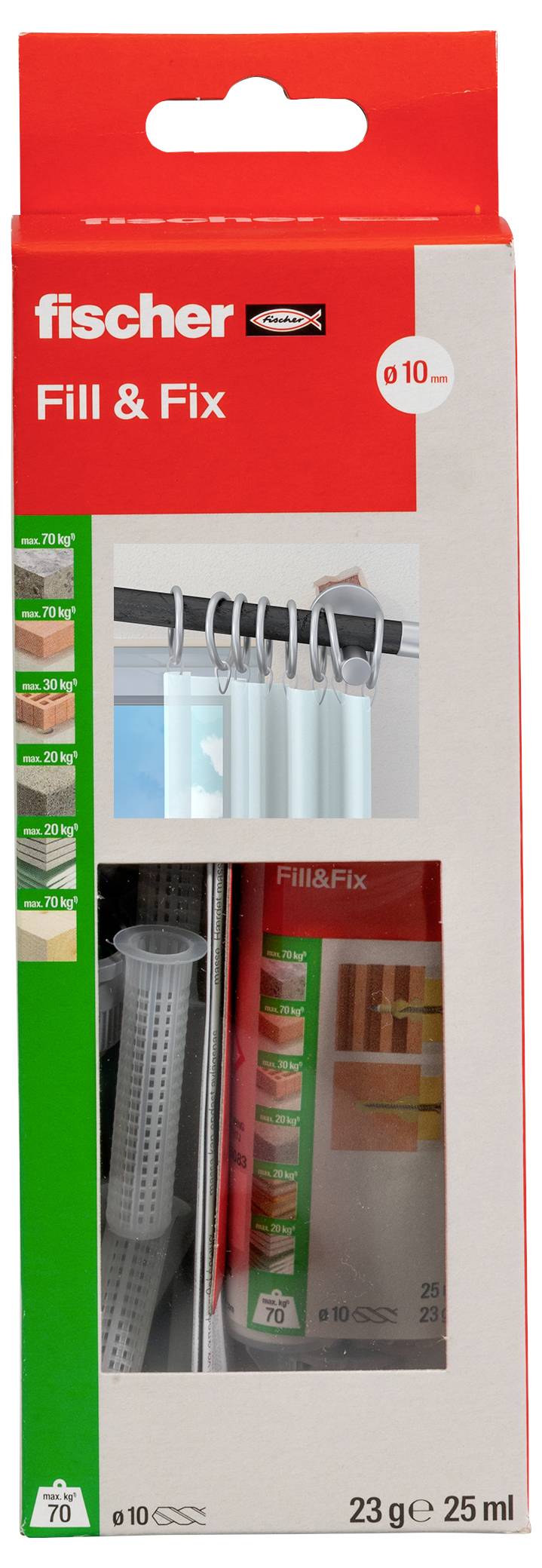 A 'fischer Fill & Fix' csomagolása a függönysínek rögzítésének alkalmazását mutatja. 23 g/25 ml töltőanyagot tartalmaz rögzítésekhez.