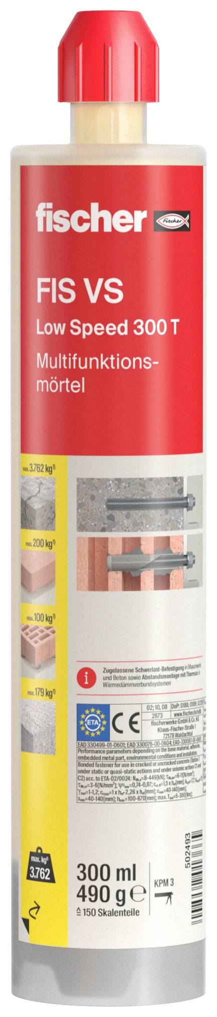 A Fischer FIS VS Low Speed 300T sokoldalú habarcs patronok, 300 ml. Piros kupakkal, építőipari alkalmazásokra alkalmas, CE-jelöléssel ellátva.