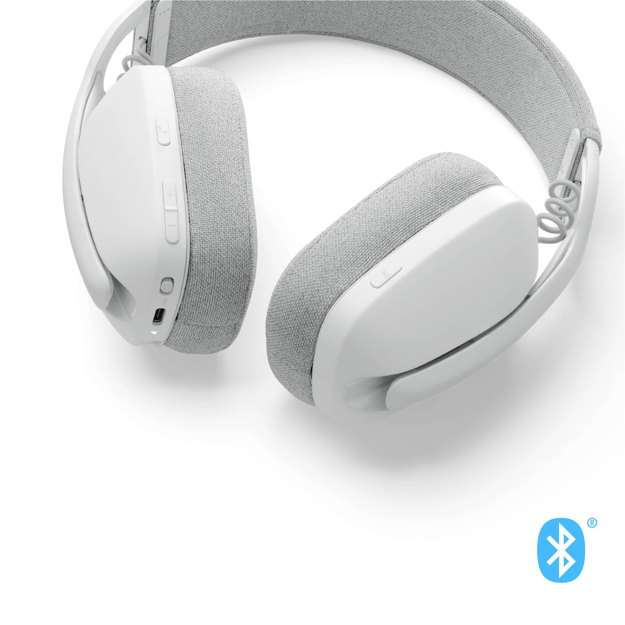 Kiváló minőségű over-ear fejhallgató szürke színben, puha párnázással és Bluetooth-logóval, vezeték nélküli zenehallgatásra alkalmas.