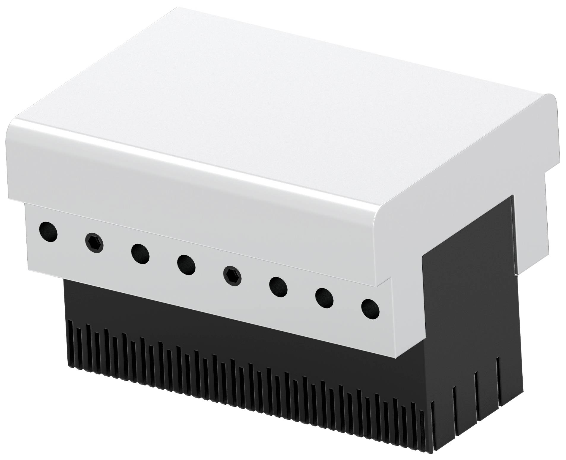 Egy fehér eszköz több csatlakozónyílással és egy fekete talapzattal. Úgy tűnik, hogy egy technikai alkatrészről van szó.