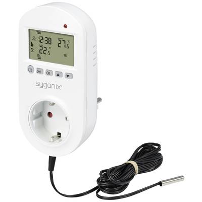 A sygonix digitális termosztát dugó kijelzővel mutatja az időt, az aktuális és beállított hőmérsékletet. Érzékelős kábellel van felszerelve.