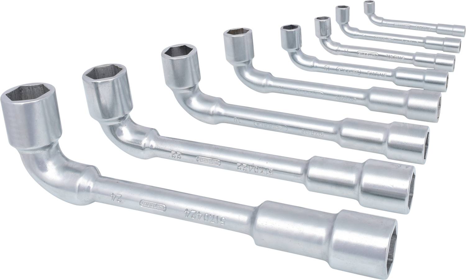 L-alakú csavarkulcsok hét darabos készlete, méret szerint rendezve, nagyobbtól a kisebb felé haladva.