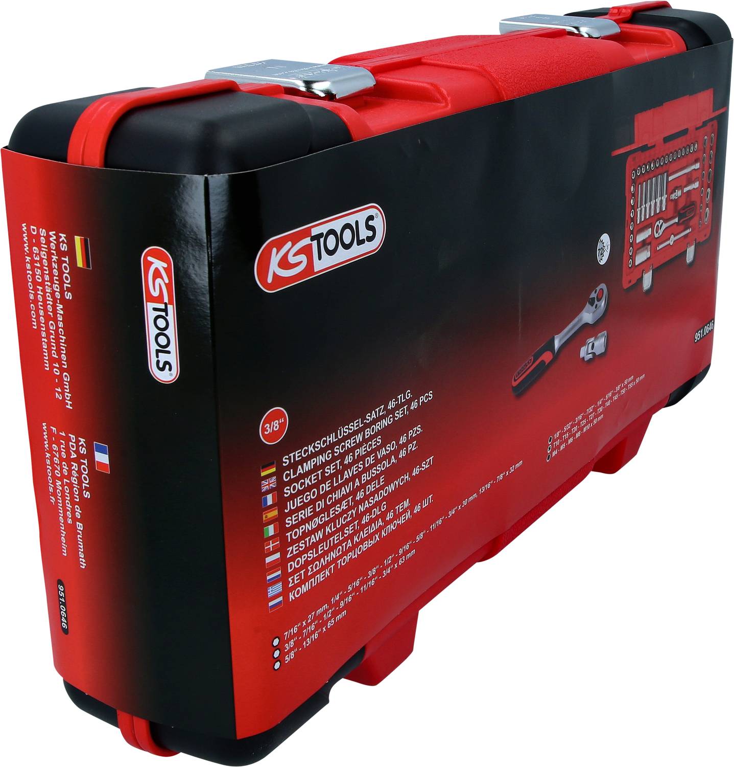 Piros KS-Tools szerszámosláda, ábrázolt szerszámkészlettel. A tartalom listája nyomtatva. Szerszámok rendszerezésére tervezve.