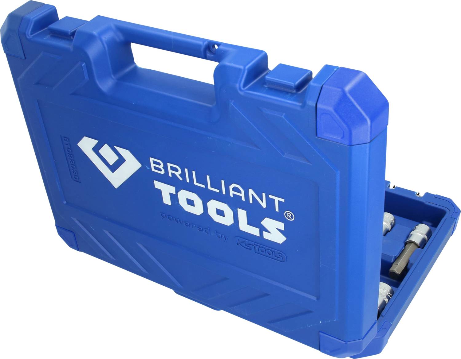Kék szerszámosláda fogantyúval, a fedelén 'Brilliant Tools' felirattal, félig kinyitva, fémeszközöket mutatva belsejében.