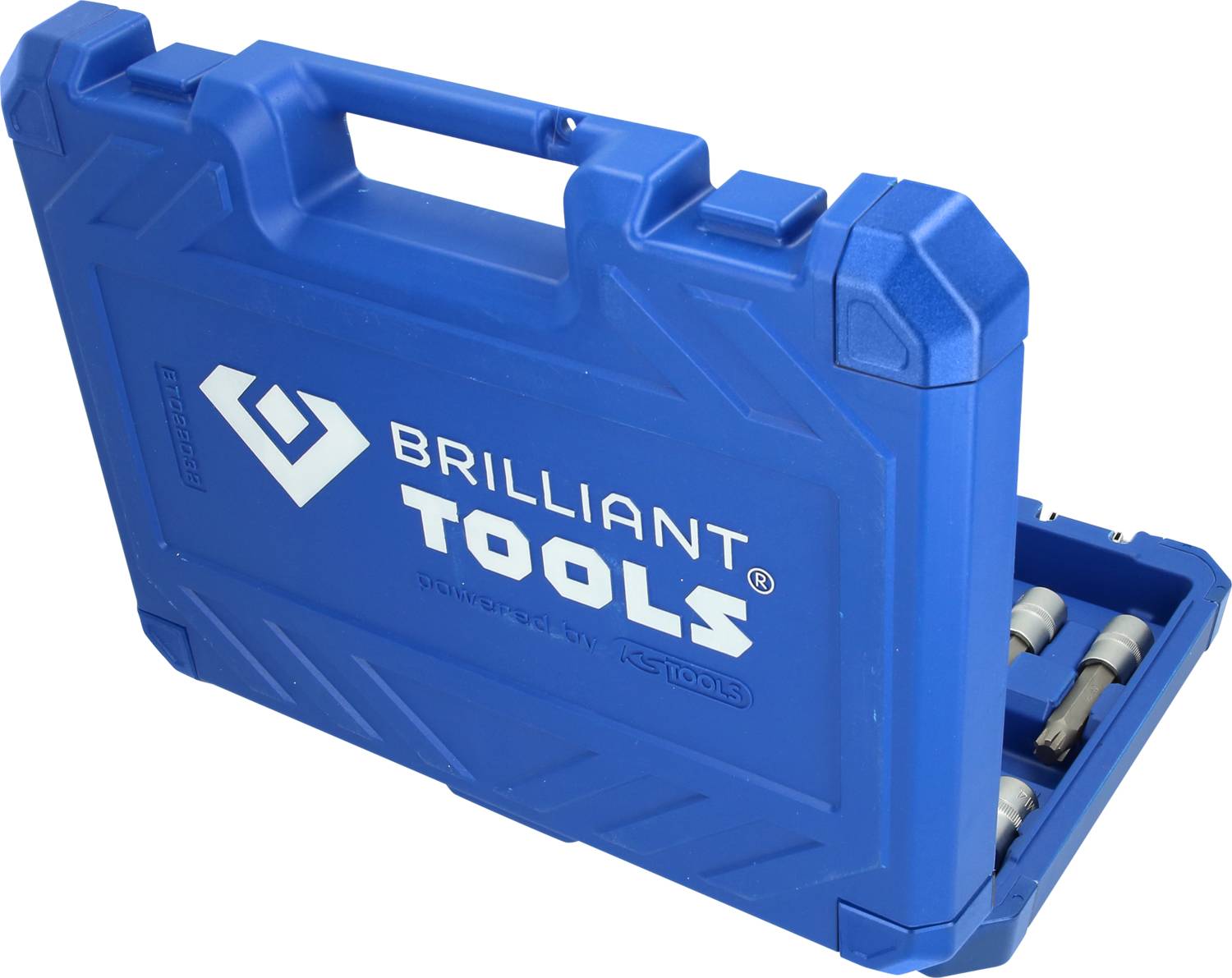 Kék szerszámosláda "Brilliant Tools" felirattal, félig nyitva, belsejében dugókulcsok és betétek láthatók.