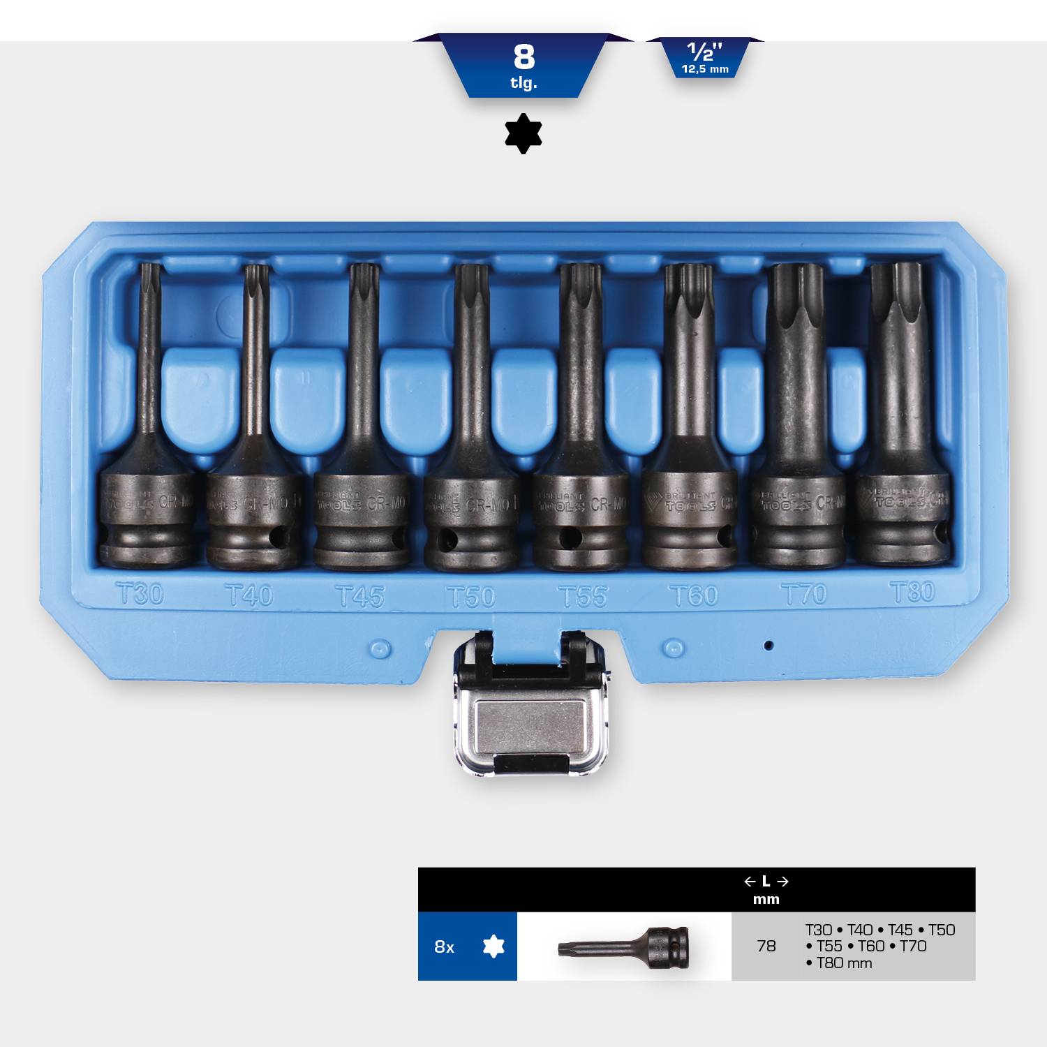 Torx-csavarhegy készlet kék dobozban. Méretek: T30, T40, T45, T50, T55, T60, T70 1/2 hüvelykes befogással. Nyolc darabos készlet.