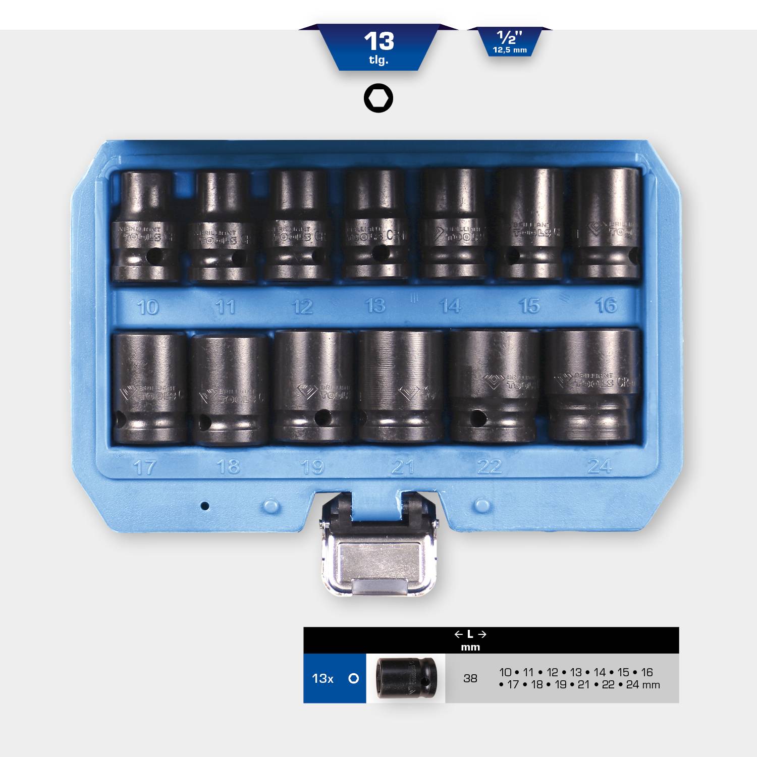 'Dugókulcs készlet', 13 részes, 10-24 mm, kék dobozban. Méretek: 10-24 mm, befogás: 1/2". Ideális mechanikai munkákhoz.