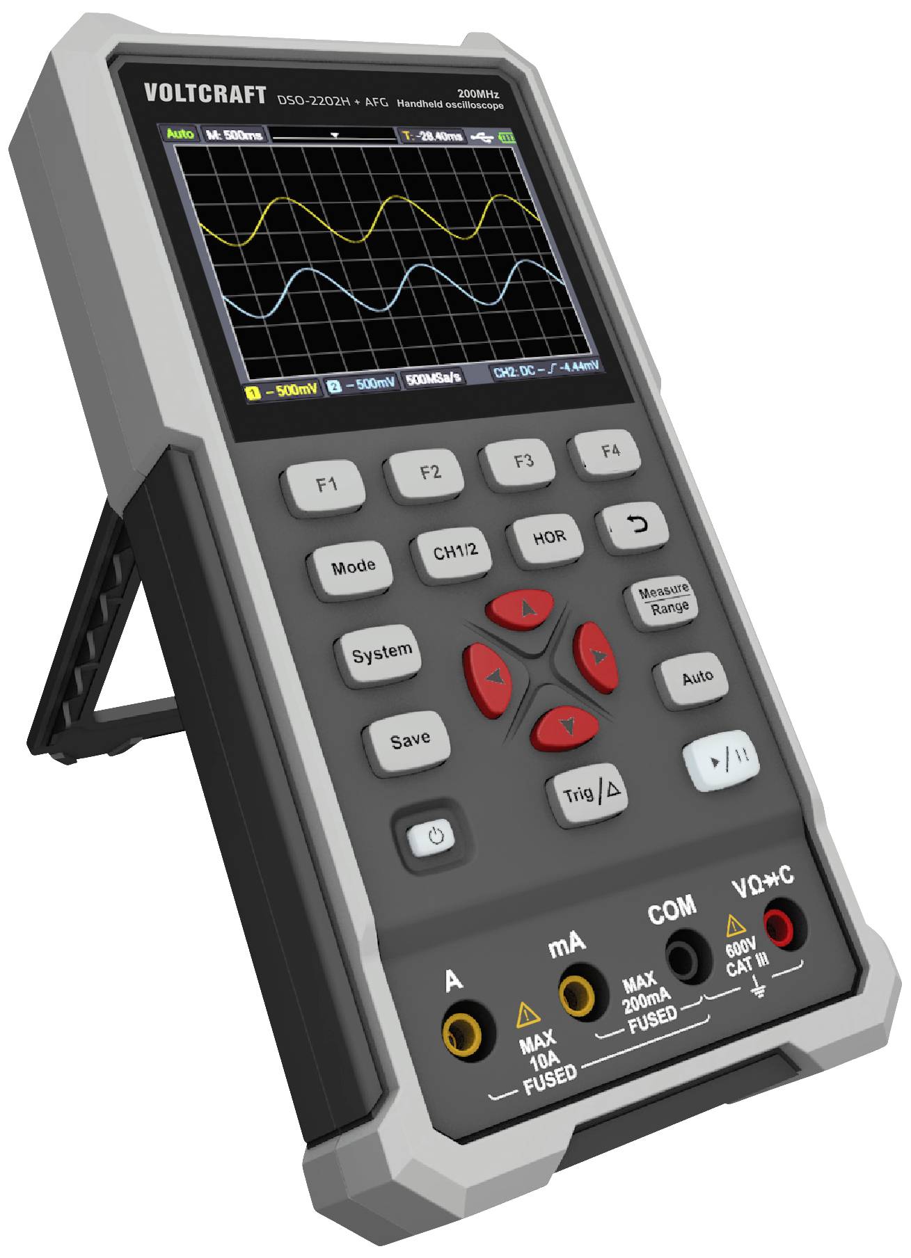 VOLTCRAFT DSO-2202H + AFG Kézi oszcilloszkóp Kalibráció (DAkkS) 200 MHz 2 csatornás 1 GSa/mp 8 kpts 8 bit Kézi készülék 1 db