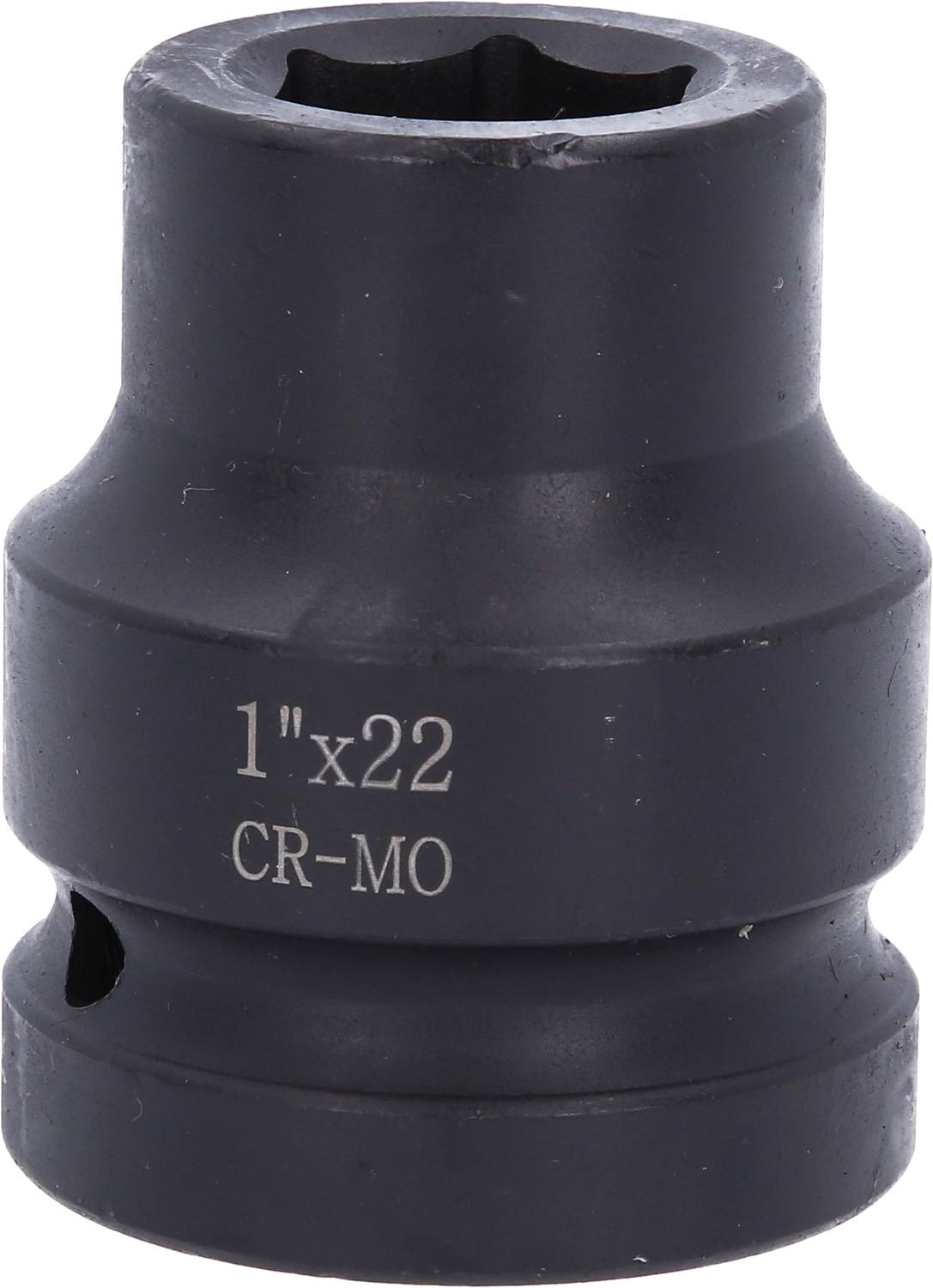 Fekete dugókulcs betétfej '1"x22 CR-MO' felirattal, hengeres formájú, csavarok meghúzására vagy oldására használatos.
