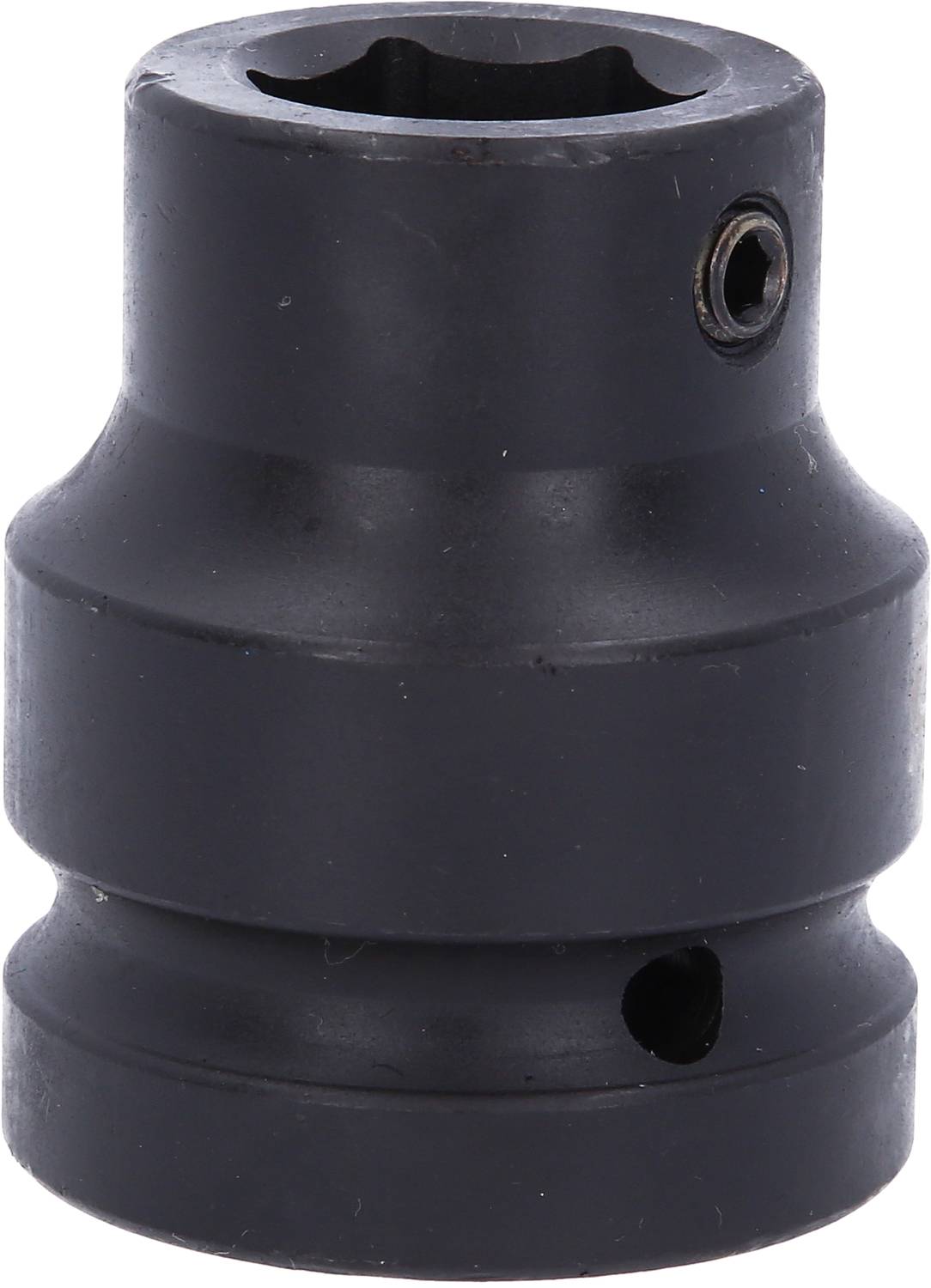 Egy fekete fémből készült csavarzáras csatlakozó hatszögletű belső résszel és oldalsó csavarral, amelyet gépekben használnak.