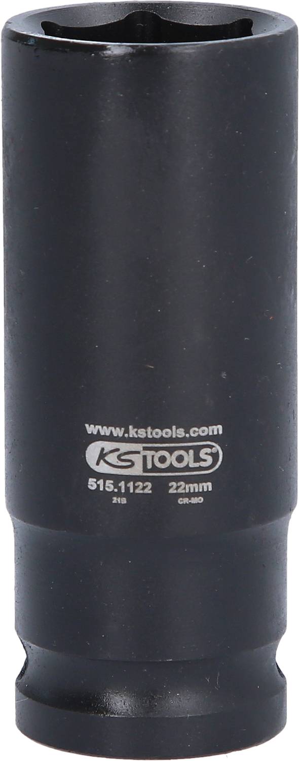 Fekete felületű, 22 mm átmérőjű fémből készült hosszú dugókulcs 'KS Tools' felirattal. Csavarozási munkálatokhoz alkalmas.