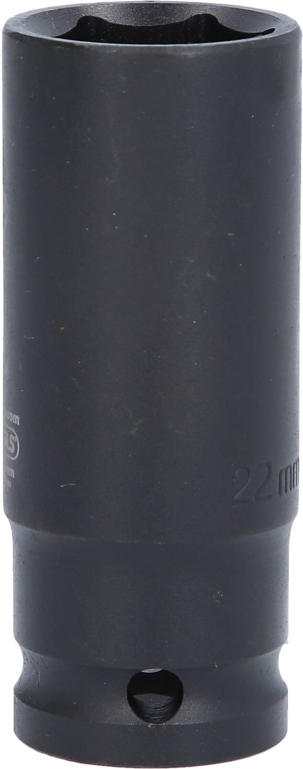 Egy fekete rögzítő csap, amelynek oldalán '22 mm' gravírozott felirat látható, valószínűleg egy csavarási munkálatokhoz használatos szerszámfeltét.