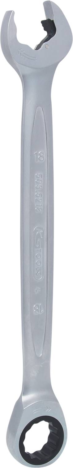 Egy ezüstszínű csavarkulcs, nyitott végződéssel felül és racsnis gyűrűvel alul, fehér háttér előtt.