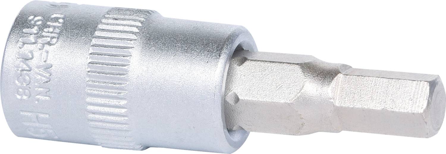 Hatszögletű fém bit-adapter, ezüstszínű, bordázott szélű és hatszög végzakončením, alkalmas csavarozási munkákhoz.