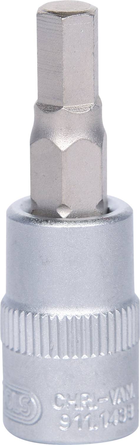 Egy ezüstös hatszögletű bit, amelyet jellemzően csavarozási feladatokhoz használnak.