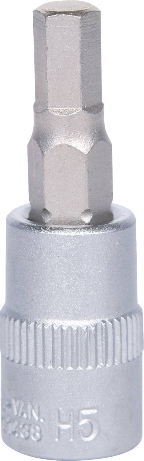 Ezüstszínű hatszögletű bit-adapter csavarhúzóhoz, H5-ös méret, fehér háttérben egyenesen állva.