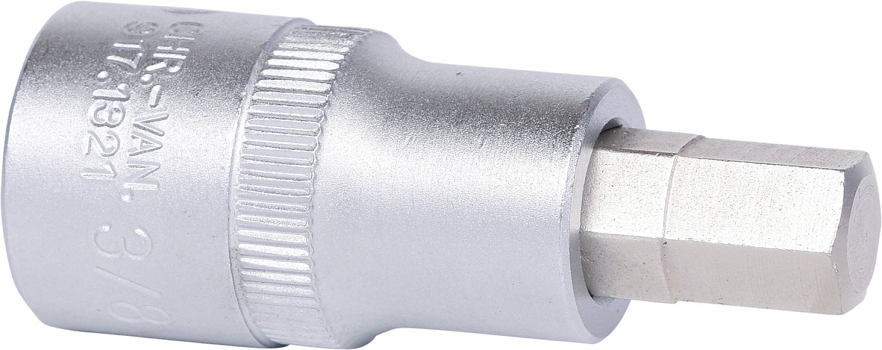 Ezüstözött fém hatszögletű dugókulcs oldalsó jelölésekkel, amely rögzítő- vagy szerelőelemek rögzítésére vagy eltávolítására szolgál.