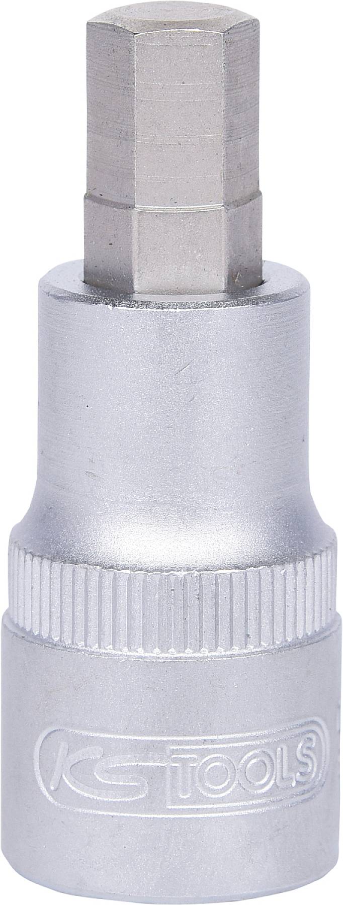 Egy hatszögletű fejű ezüstszínű dugókulcs-feltét, amely használható dugókulcs-készlettel.