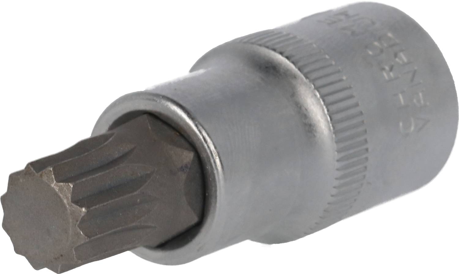 Egy fém, ezüstszínű, sokfogú csavarhúzó adapter, amely alkalmas bizonyos csavartípusok rögzítésére a gépjárműtechnikában vagy a mechanikában.