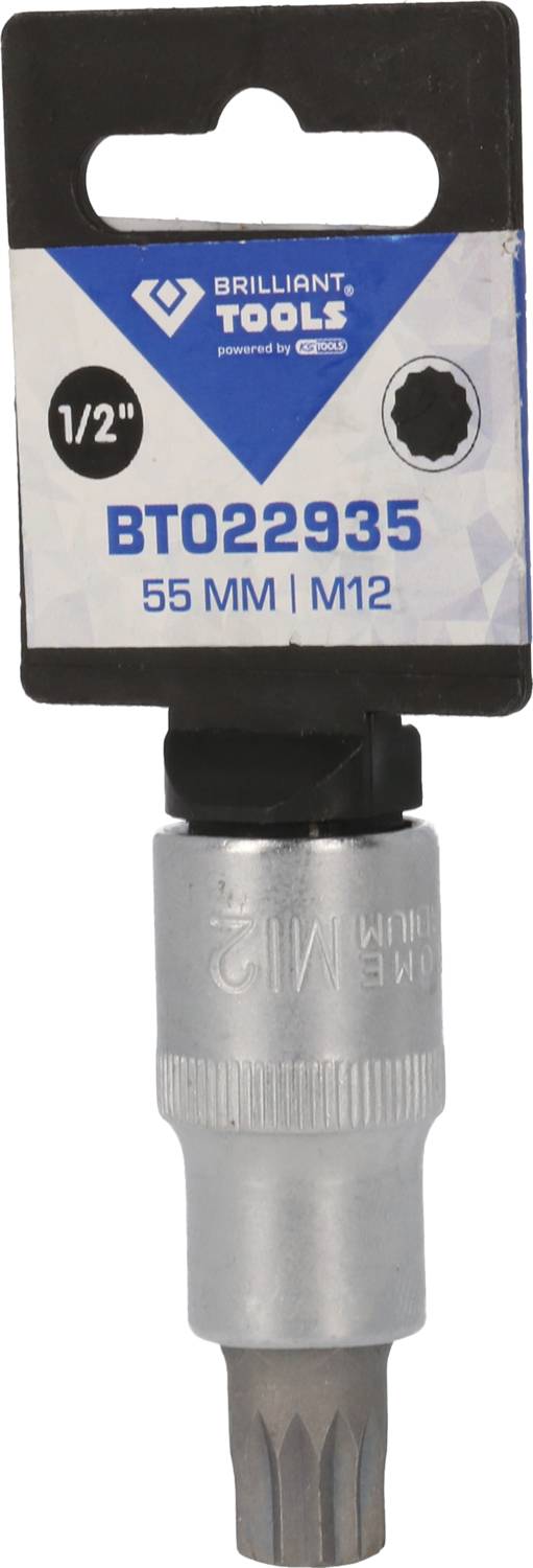 Brillant Tools dugókulcs betét, 55 mm hosszú, M12-es méret, 1/2 hüvelykes hajtókarral történő használatra alkalmas.