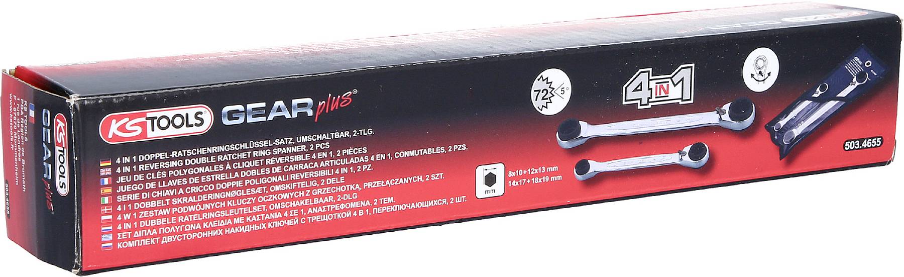KS Tools 4-az-1-ben racsnis kulcs csomagolása termékképpel és több funkció részletezésével több nyelven.